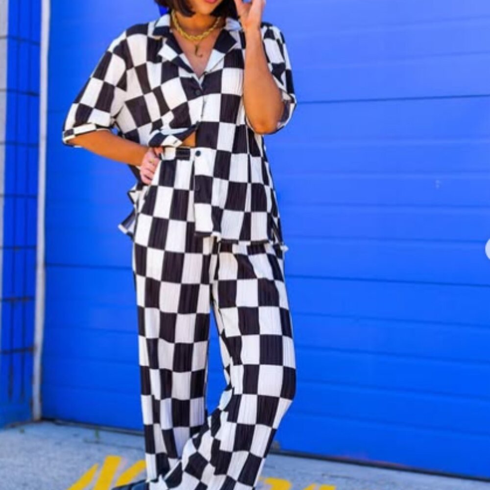 Dressed in LALA Black and White Plisse Playsuit Set in Checkerboard Small